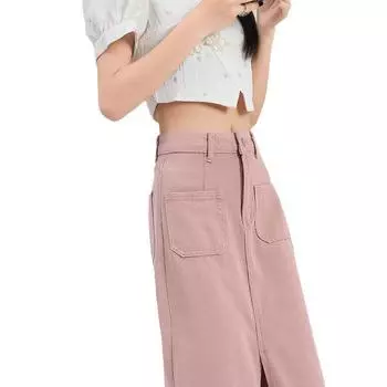 Юбка из денима, женская летняя новая универсальная тонкая юбка с высокой талией и двумя карманами XS