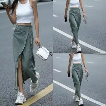 Юбка из джинсовой ткани в китайском стиле в стиле ретро, женская, 2024 года, новая, с высокой талией и тонким дизайном, с разрезом вилкой, средней и длинной юбкой S темно-синий