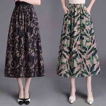 Юбка из хлопка и льна женская с цветочным принтом средняя и длинная ретро знаменитый стиль литература и искусство 2024 лето новые модели M темно-коричневого