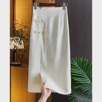 Юбка из хлопково-льняного жаккарда премиум-класса с бисерными пуговицами и разрезом на высокой талии — в стиле ретро-китайский для весны/лета 3XL