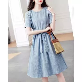 Юбка из хлопковой куклы, летнее новое платье А-силуэта с круглым вырезом для женщин, средней длины S