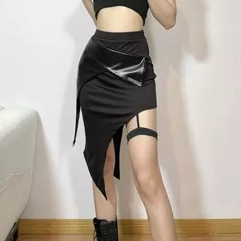 Юбка из искусственной кожи с завышенной талией, черная юбка средней длины, сексуальная одежда Spice Girls, уличная одежда Y2K S чёрный