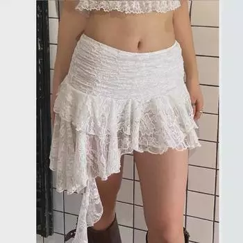 Юбка из кружева асимметричного белого цвета с заниженной талией и тонкой лентой - Летняя коллекция Small белый