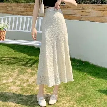 Юбка из кружева до половины длины для женщин, летняя юбка А-силуэта с высокой талией и рыбьим хвостом средней длины L абрикосовый