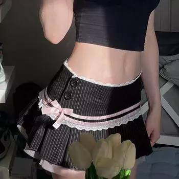 Юбка из кружева в полоску с бантом в европейском и американском стиле для женщин, зимняя кружевная юбка в складку с милым и пряным принтом для девочек в стиле пэчворк Юбка JK S чёрный