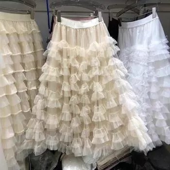 Юбка из кружева высокой плотности для ранней весны, тонкая юбка-зонтик, элегантная юбка из бисквитного газа с широкими качелями, юбка средней и длинной длины one size fits all абрикосовый