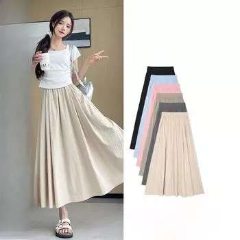 Юбка из ледяного шелка, женская летняя юбка А-силуэта с высокой талией, юбка-зонтик с широкими качелями, юбка-драпировка L чёрный