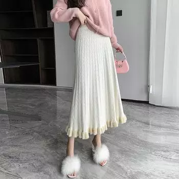 Юбка из меха норки для женщин, осень-зима, высокая талия, закрывающая шаговый шов, трикотажная юбка средней длины, деревянная юбка с ушками One Size чёрный