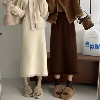 Юбка из мягкой трикотажной ткани с кисточками и драпировкой, женская, осень-зима 2024 года, универсальная и тонкая, с высокой талией, средняя и длинная прямая юбка One size хаки