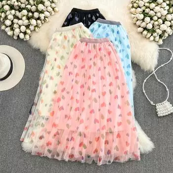 Юбка из пряжи RUGOD с эластичной резинкой на талии и принтом Love, женская весенняя сетчатая юбка с большими качелями, плиссированная юбка, полуюбка