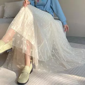 Юбка из сетки плиссированная юбка-маятник юбка с принтом женская летняя драпировка ощущение универсальности показ мод тонкая длинная юбка женская One Size абрикосовый