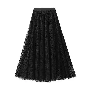 Юбка из сетки с леопардовым принтом Wind fashion, юбка из тюля, плиссированная юбка, средняя и длинная юбка-качели для женщин 5028 One size чёрный