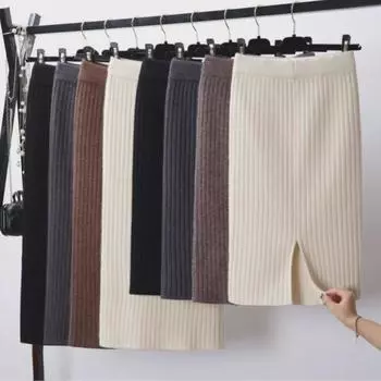 Юбка из шерстяного трикотажа с высокой талией в рубчик - женская осенне-зимняя корейская модель 55CM Length кофейный