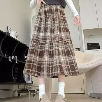 Юбка из шерстяной ткани Yousheng с высокой талией, женская клетчатая юбка с оборками и строчкой, повседневная шерстяная юбка на осень-зиму M красный