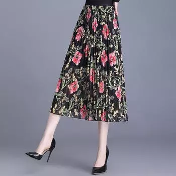 Юбка из шифона с принтом, юбка женская летняя плиссированная юбка весенняя женская маленькая цветочная высокая талия a word женская драпировка M