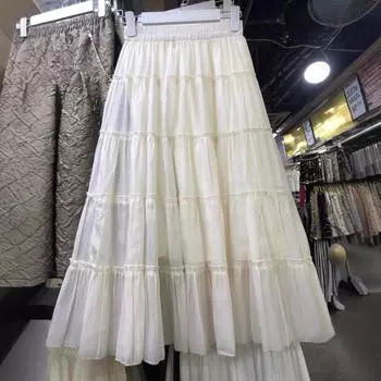 Юбка из шифона, женская летняя юбка с высокой талией, юбка-торт, повседневная, средней и длинной длины, А-образная юбка с большим маятником и зонтиком One Size абрикосовый