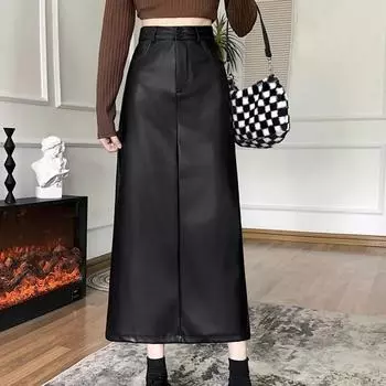 Юбка из спилка, юбка женская осенняя, грушевидная, облегающая, из искусственной кожи, длинная, с запахом на бедрах, прямая юбка с высокой талией S чёрный