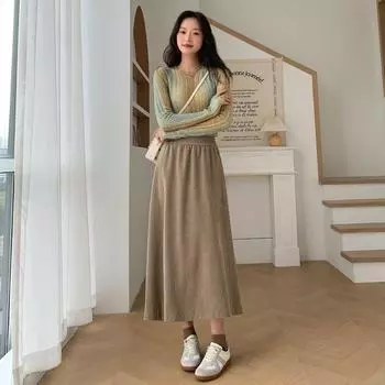 Юбка из ткани осень-зима 2024 новая тонкая юбка А-образного силуэта с высокой талией средняя и длинная юбка-зонтик S темно-серого