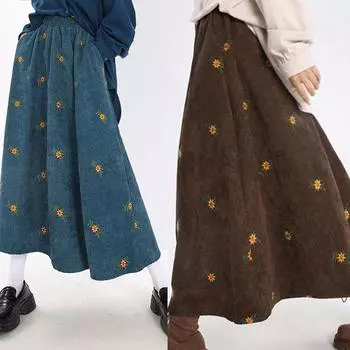 Юбка из вельвета с цветочной вышивкой, женская, с эластичной талией, А-силуэт, свободная, повседневная, до середины икры, женская, классическая, однотонная юбка S кофейный