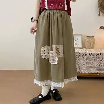 Юбка из вельвета с вышитым японским лесом Johnature, осенняя ретро-универсальная женская юбка с эластичной талией One Size темные хаки