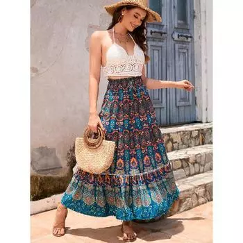 Юбка из вискозы с экзотическим кружевом в стиле бохо S павлин голубой