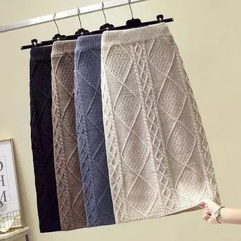 Юбка из жареного теста Lingge, трикотажная, женская, осенне-зимняя, с высокой талией, тонкая, утолщенная, средней длины, шерстяная, с запахом, на бедрах S чёрный