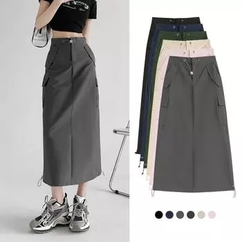 Юбка-карго миди, женская летняя тонкая юбка трапециевидной формы с высокой талией и разрезом, женская уличная одежда с завязками, винтажная Y2K, серая S серый