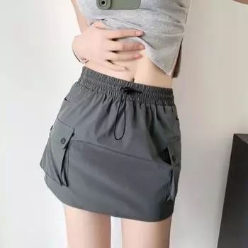 Юбка-карго с эластичной резинкой на талии и шнурком для женщин, летние тонкие быстросохнущие шорты, юбка, тонкая женская одежда в уличном стиле Y2k S чёрный