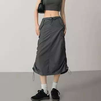Юбка-карго с разрезом, быстросохнущая, для женщин, летняя, тонкая, горячая, для девушек, юбка-трапеция на шнурке, одежда в американском стиле Y2k, большие размеры S чёрный