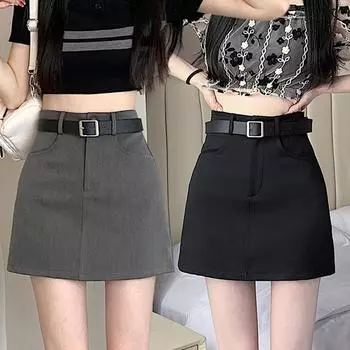 Юбка Kawaii Students Empire выше колена Повседневная корейская женская мини-юбка А-силуэта Винтажные женские юбки с поясом и высокой талией XXXL чёрный