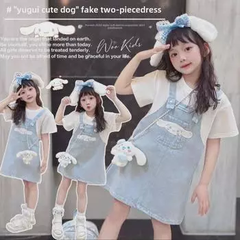 Юбка-комбинезон из денима для девочек 2024 года - летнее платье из двух частей цвета корицы и собаки 110cm синий