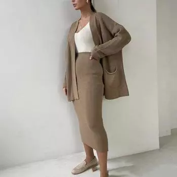 Юбка комплекты женские осенние вязаные V-образный вырез кардиган свитер длинные юбки вечеринка One Size