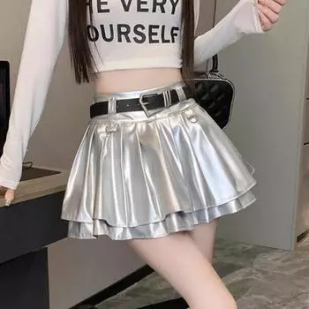 Юбка-короткая юбка Sweet Girl из искусственной кожи с плиссировкой и пышным узором, женская, Y2K, с высокой талией, А-силуэта, серебристые мини-юбки S