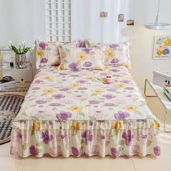 Юбка-кровать из 100% хлопка с принтом, двухслойная юбка-кровать, простыня, юбка-кровать для спальни, нескользящий наматрасник, протектор, декор постельных принадлежностей 1pc Skirt 150x200cm