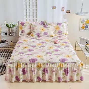 Юбка-кровать из 100% хлопка с принтом, двухслойная юбка-кровать, простыня, юбка-кровать для спальни, нескользящий наматрасник, протектор, декор постельных принадлежностей 1pc Skirt 150x200cm