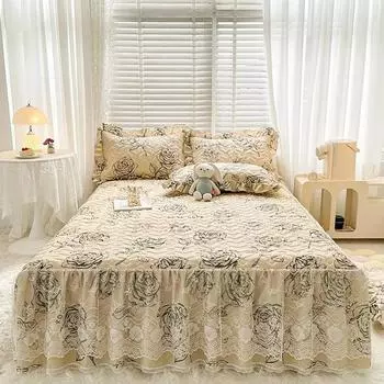 Юбка-кровать из хлопка и льна с принтом, комплект из трех предметов, стеганое кружевное покрывало с градиентом, противоскользящее пылезащитное постельное белье, простыни 90x200cm bed skirt