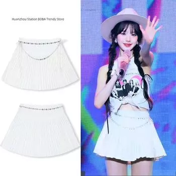 Юбка-круг в том же стиле, что и у Чжан Юаньин ~ Белая плиссированная юбка Женская летняя юбка А-силуэта с высокой талией Юбка для сцены White S