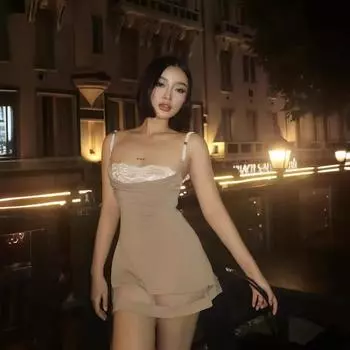 Юбка кружевное платье на бретельках сексуальная тонкая юбка А-силуэта S хаки