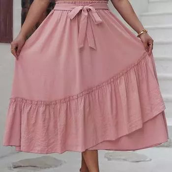 Юбка-макси для женщин Лоскутная длинная юбка с оборками и нерегулярными рюшами и завязками на высокой талии Однотонная повседневная юбка-макси для отпуска Пляжная свободная дышащая длинная юбка XL розовый