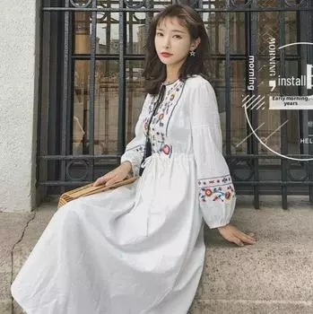 Юбка макси из хлопка с вышивкой и высокой талией в стиле ретро Medium синий