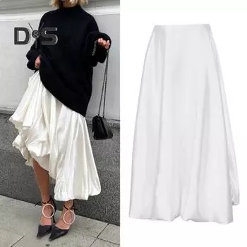 Юбка макси, однотонная атласная юбка в стиле пачки, длинная юбка, однотонная, весна-осень, женская юбка-трапеция, повседневная одежда S чёрный