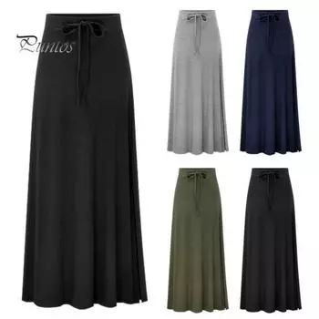 Юбка макси с эластичной завышенной талией, регулируемая длинная юбка с завязками, однотонная, с боковыми разрезами, эластичная юбка А-силуэта XL армия зеленый