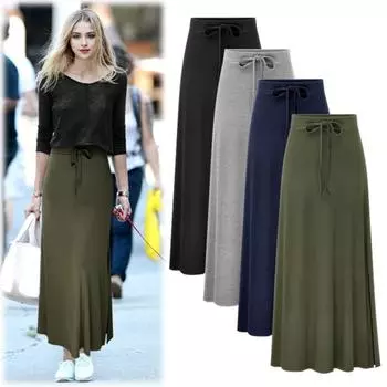 Юбка макси с эластичной завышенной талией, регулируемая длинная юбка с завязками, однотонная, с боковыми разрезами, эластичная юбка А-силуэта L армия зеленый