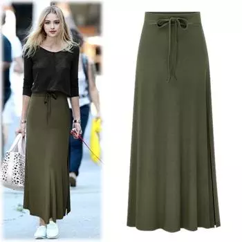Юбка макси с эластичной завышенной талией, регулируемая длинная юбка с завязками, однотонная, с боковыми разрезами, эластичная юбка А-силуэта XL армия зеленый