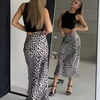 Юбка макси с леопардовым принтом Yousheng, эластичная атласная длинная юбка с высокой талией, юбка-трапеция в деловом стиле, весна-осень, женская сексуальная юбка S бежевый