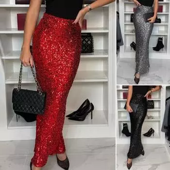 Юбка макси с высокой талией, однотонная длинная юбка с блестящими пайетками, для дома, на работу, на улицу, удлиняющая ноги юбка S серый