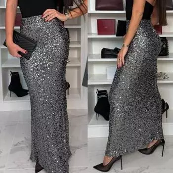 Юбка макси с высокой талией, однотонная длинная юбка с блестящими пайетками S серый