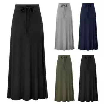 Юбка макси Yousheng, эластичная, с высокой талией, регулируемая, с завязками, длинная, однотонная, с боковыми разрезами, эластичная юбка А-силуэта L чёрный