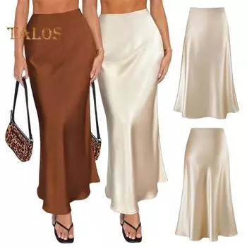 Юбка макси женская гладкая атласная длинная юбка с застежкой-молнией, однотонная, весна-осень, женская юбка-рыбий хвост с запахом на бедрах XXL шампанского
