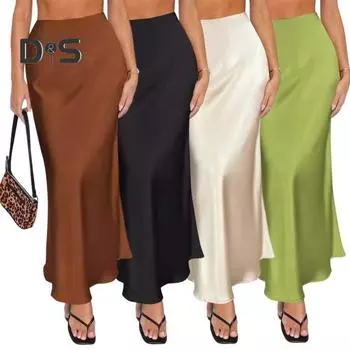 Юбка макси женская гладкая атласная длинная юбка с застежкой-молнией, однотонная, весна-осень, женская юбка-рыбий хвост с запахом на бедрах S кофейный